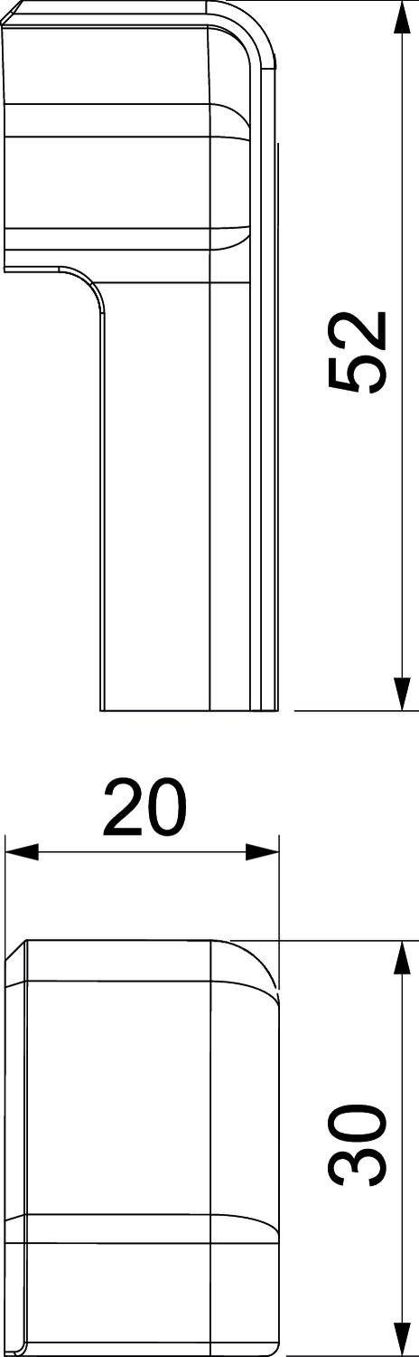 Technische Zeichnung eines Bauteils mit Seiten- und Frontansicht. Maße: 52 Einheiten Höhe, 20 und 30 Einheiten Breite.