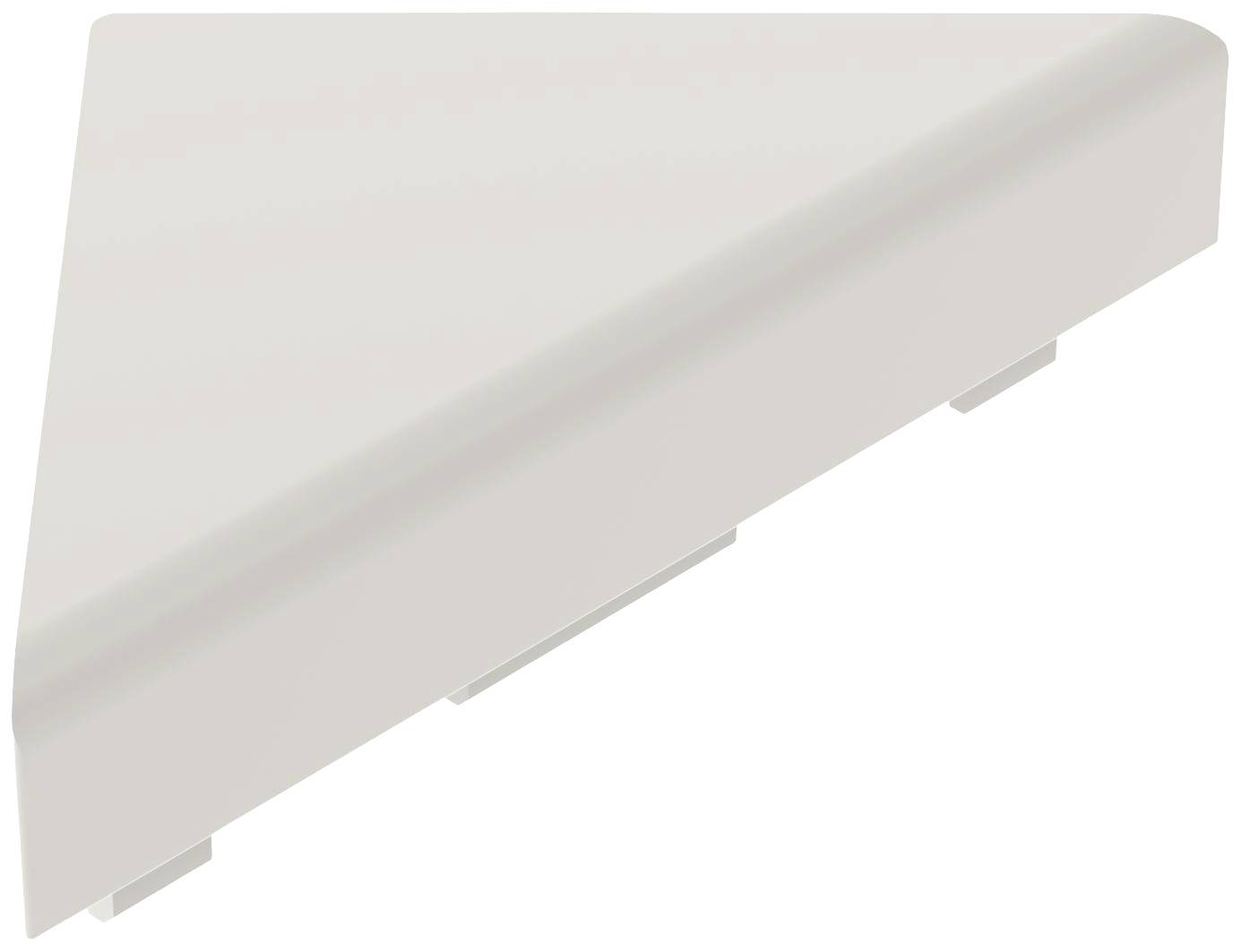 Eine weiße, dreieckige Eckverkleidung mit abgerundeten Kanten, die für den Gebrauch in Innenräumen, z.B. für Regale oder Möbel, geeignet ist.