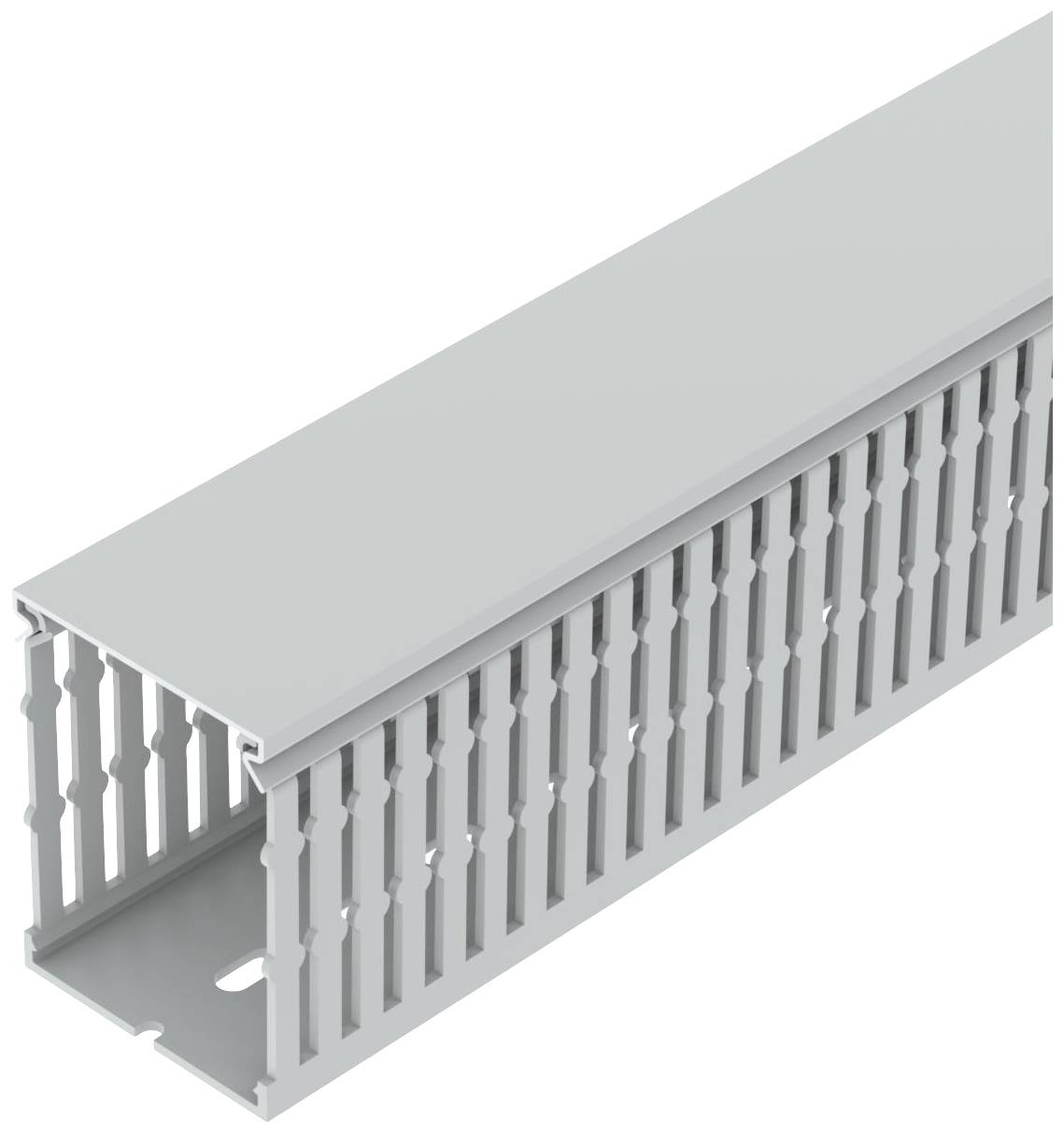 Ein grauer Kabelkanal aus PVC mit Gitterdesign, das zur Organisation von Kabeln in elektrischen Installationen verwendet wird.