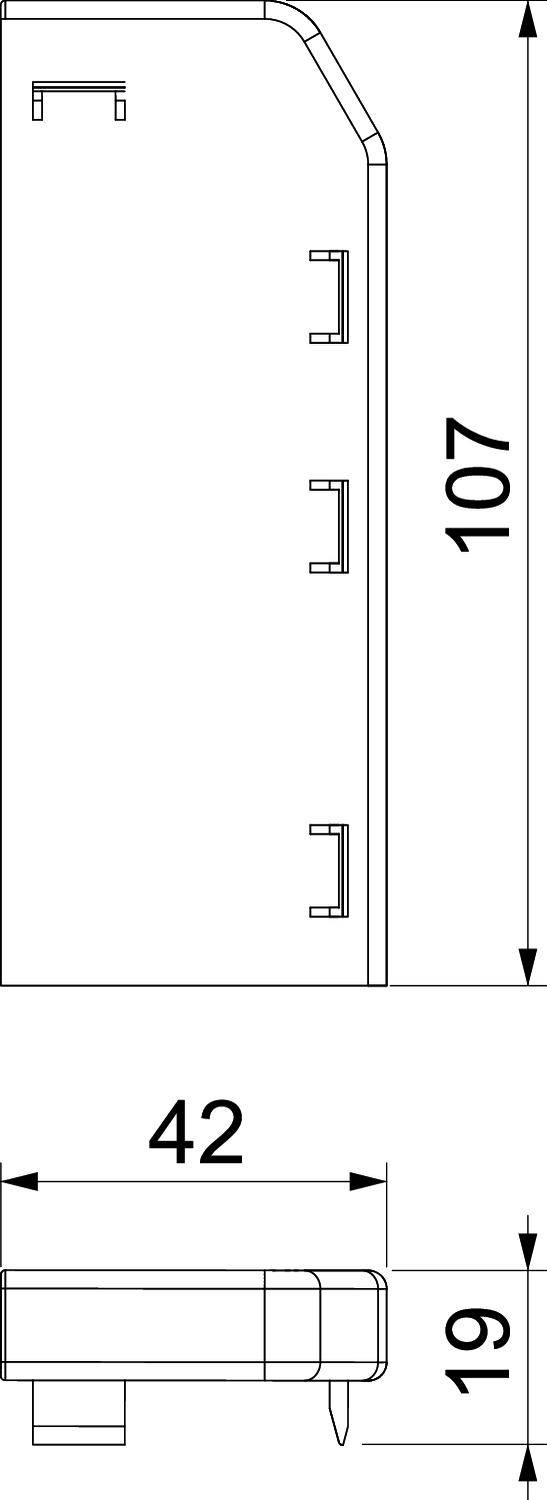 Technische Zeichnung eines rechteckigen Geräts mit den Maßen 107 cm x 42 cm. Profilansicht zeigt vier Befestigungspunkte an der Seite.
