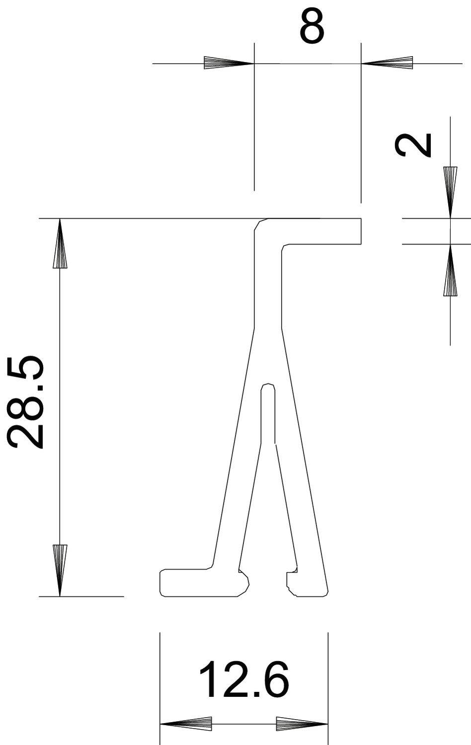 Technische Zeichnung eines Querschnitts mit Maßen: Höhe 28,5, Breite oben 8, Breite unten 12,6, zusätzliche Abmessung 2.