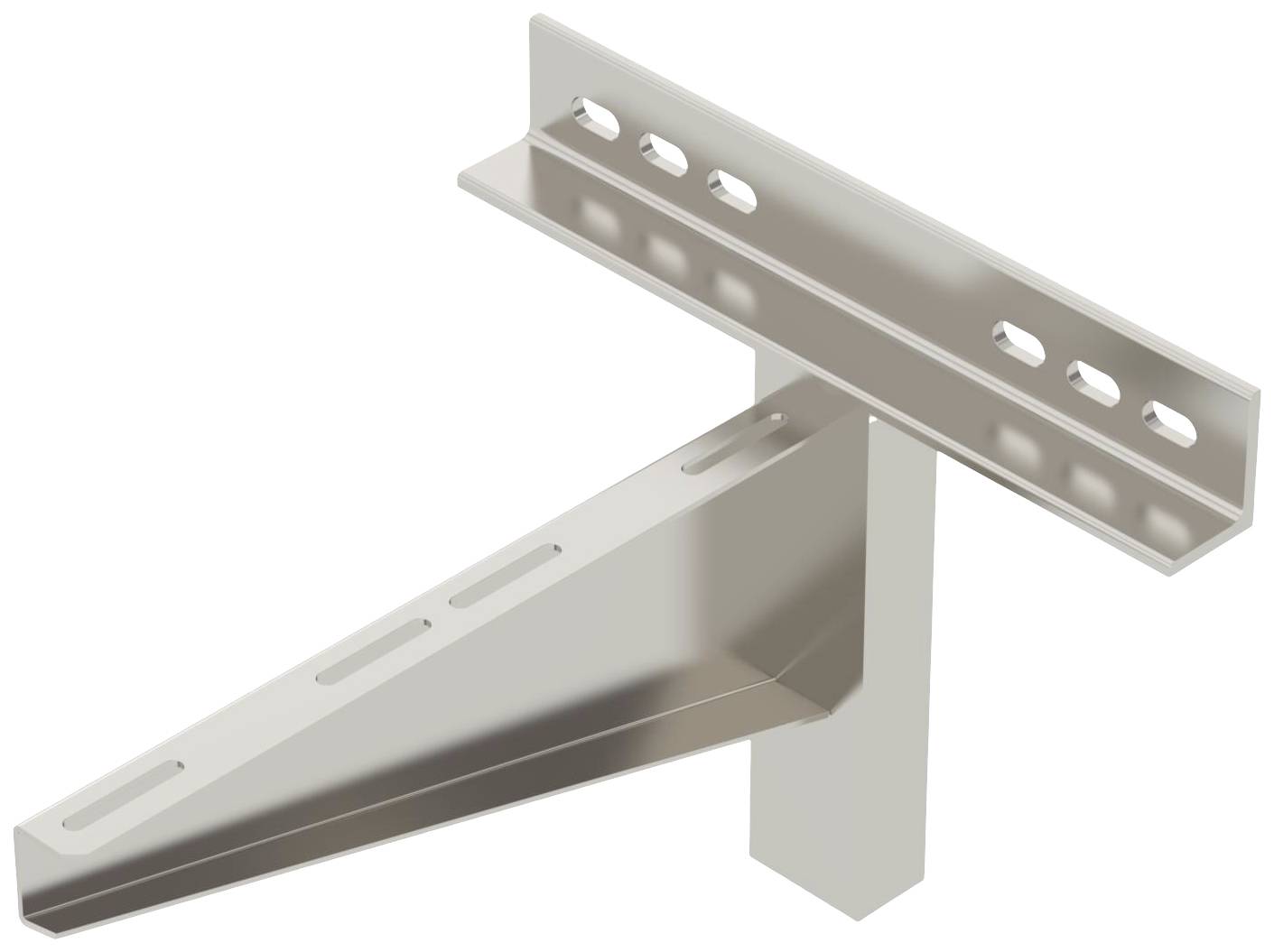Silberne Metallhalterung mit mehreren Schraubenlöchern. Sie besteht aus einem abgewinkelten Arm, einer vertikalen Stütze und einer horizontalen Platte.