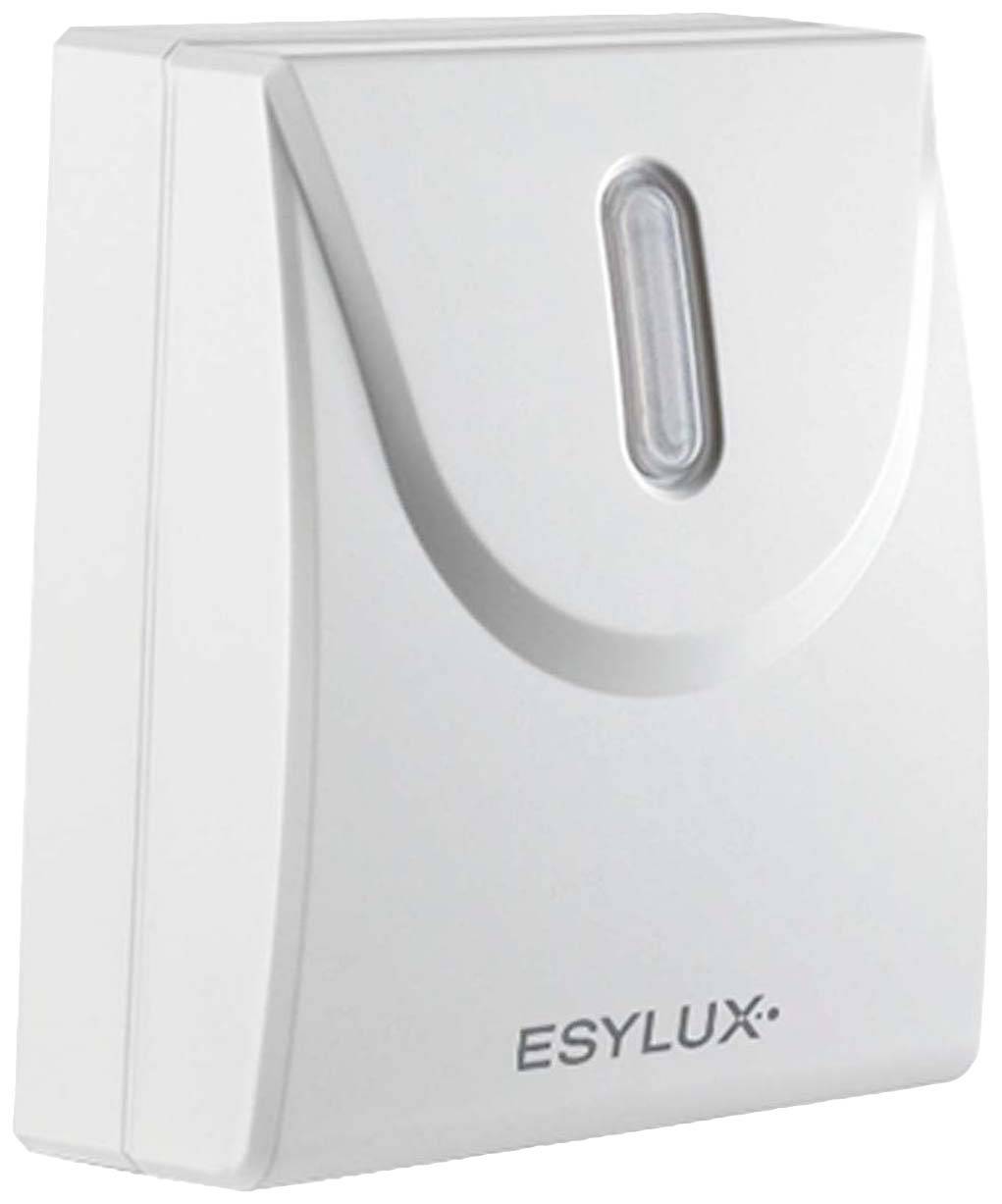 Ein weißer Wandbewegungsmelder mit abgerundeten Kanten, Markenname 'ESYLUX' unten rechts. Entworfen für die Erfassung von Bewegungen.
