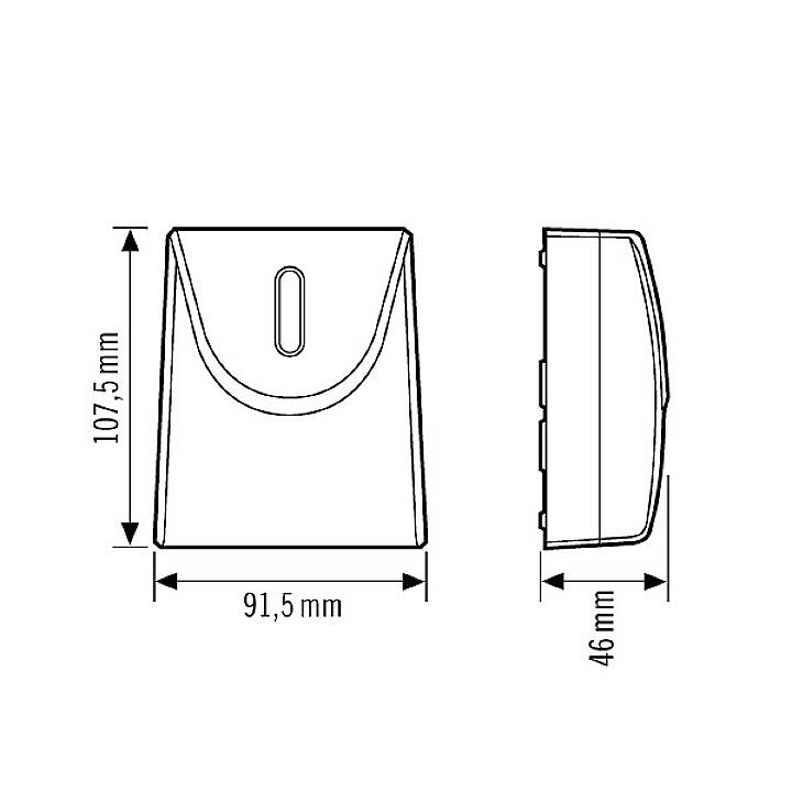 Technische Zeichnung eines rechteckigen Gehäuses mit den Maßen 107,5 mm Höhe, 91,5 mm Breite und 46 mm Tiefe.