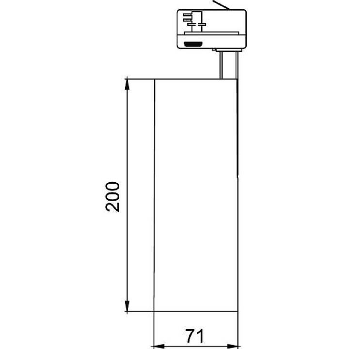 Schemazeichnung einer technischen Komponente mit den Abmessungen: Höhe 200 mm, Breite 71 mm. Oben befindet sich ein Bauteil mit Symbolen.