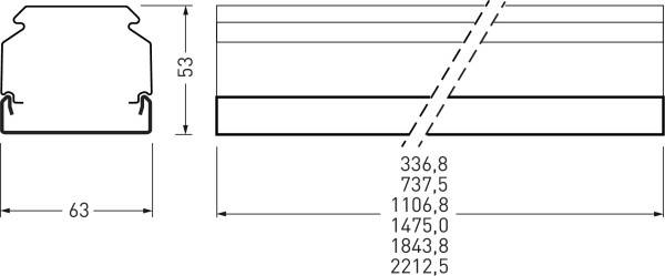 Seitenansicht und Draufsicht eines technischen Profils mit Abmessungen: Breite 63 mm, Höhe 53 mm. Längen-Maße: 336,8 mm bis 2212,5 mm.