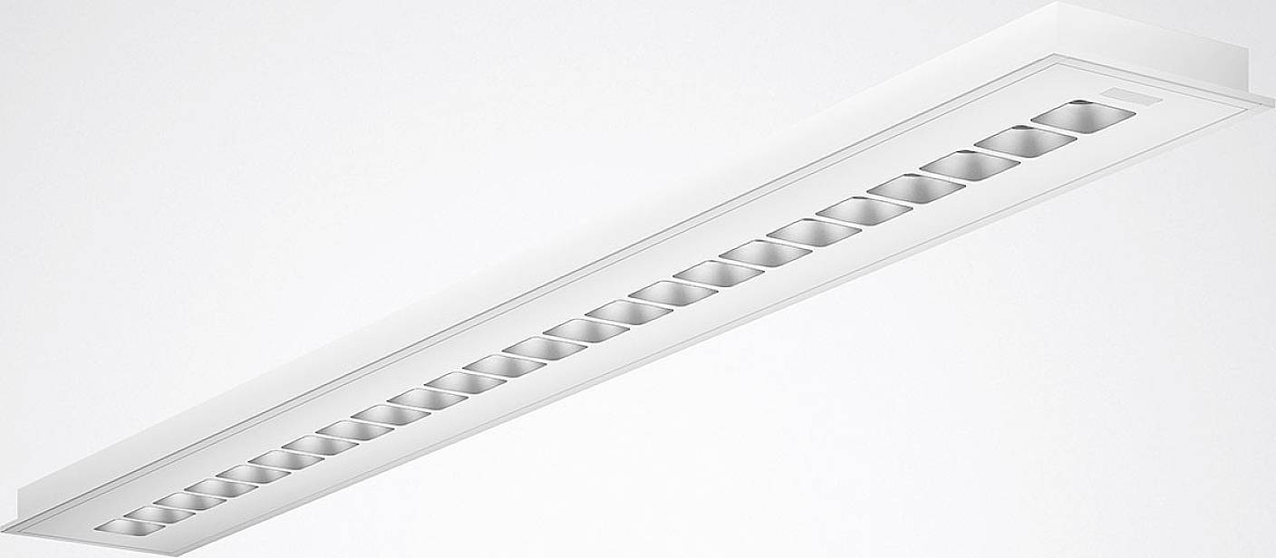 Weiße, rechteckige LED-Deckenleuchte mit mehreren Reflektoren in einer Linie, geeignet für moderne Innenräume.