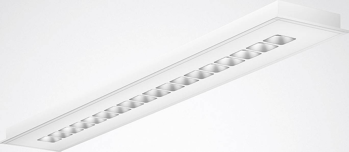 Eine rechteckige, schmale Deckenleuchte mit mehreren kleinen Lichtöffnungen in einem weißen Gehäuse, vor einem weißen Hintergrund.