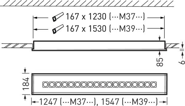 Technische Zeichnung eines rechteckigen Bauteils mit Maßen: 167 x 1230 mm, 167 x 1530 mm. Seitenansicht zeigt Höhe von 85 mm.
