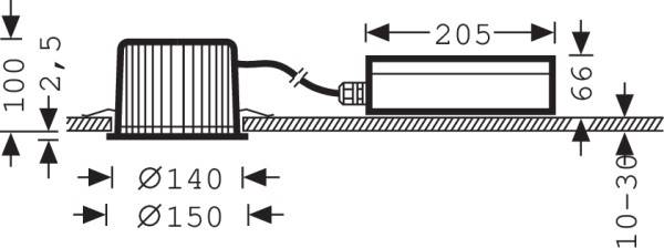 Technische Zeichnung eines runden Deckenstrahlers mit Abmessungen: Durchmesser 140-150 mm, Höhe 100 mm, Anschluss 205 mm lang.