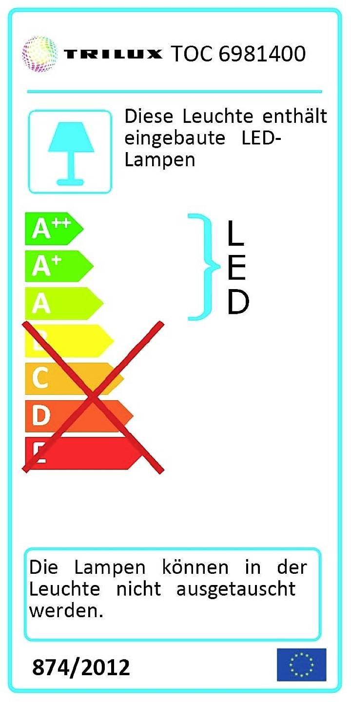 Etikett einer Leuchte: Eingebaute LED-Lampen, Energieeffizienz A++ bis A. Lampen sind nicht austauschbar. Modell TRILUX TOC 6981400.