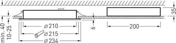 Technische Zeichnung einer runden Einbauleuchte im Schnitt. Maße: Durchmesser 210 bis 234 mm, Einbautiefe 35 mm, min. 40 mm Einbauraum.