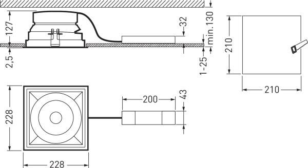 Technische Zeichnung eines quadratischen Deckenlautsprechers. Zeigt Einbau- und Anschlussmaße: 228x228 mm Außenmaß, Einbautiefe 130 mm.