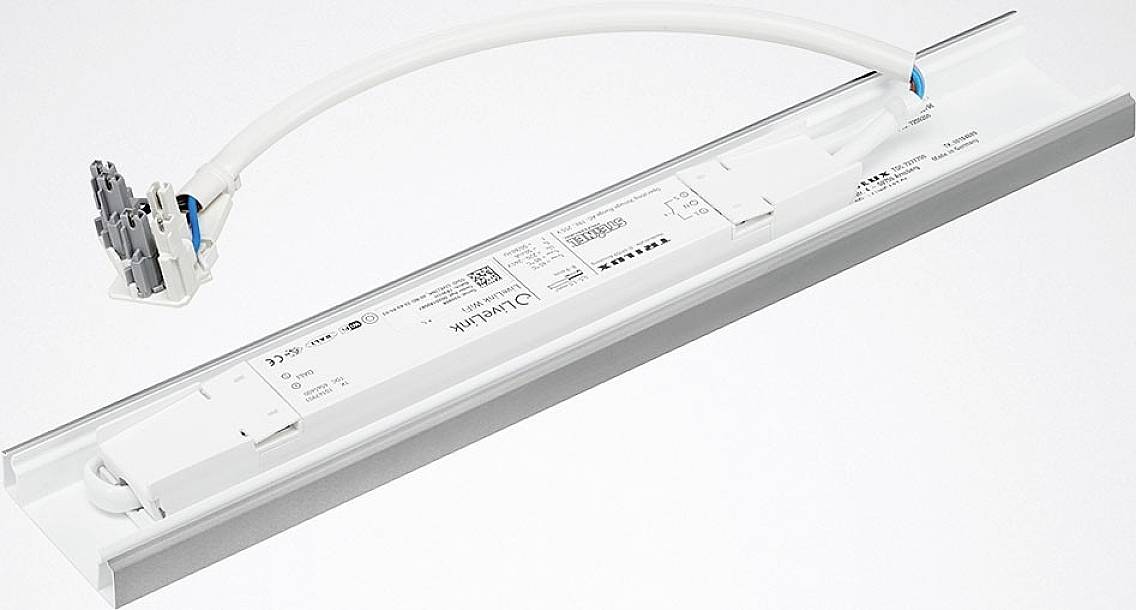 Ein rechteckiges LED-Modul mit einem weißen Kabel und Steckverbindung. Das Modul ist für die Anbringung in Leuchten vorgesehen.