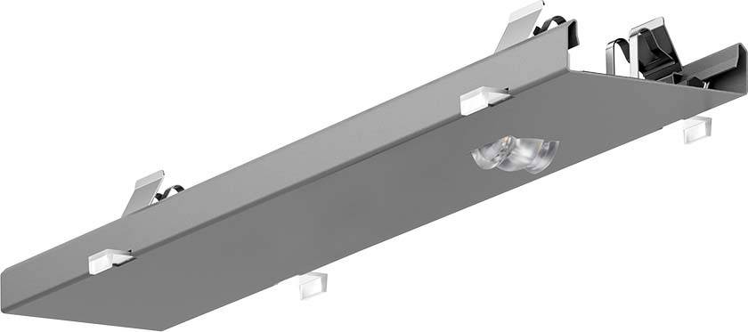 Silberner Lichtbalken mit transparenten Lampen entlang der Unterseite. Entworfen für Innenbeleuchtung.