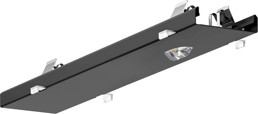 Schwarze rechteckige Lampe mit zwei eingebauten, sichtbaren LED-Leuchten. Die Lampe ist schräg von der Seite gezeigt.