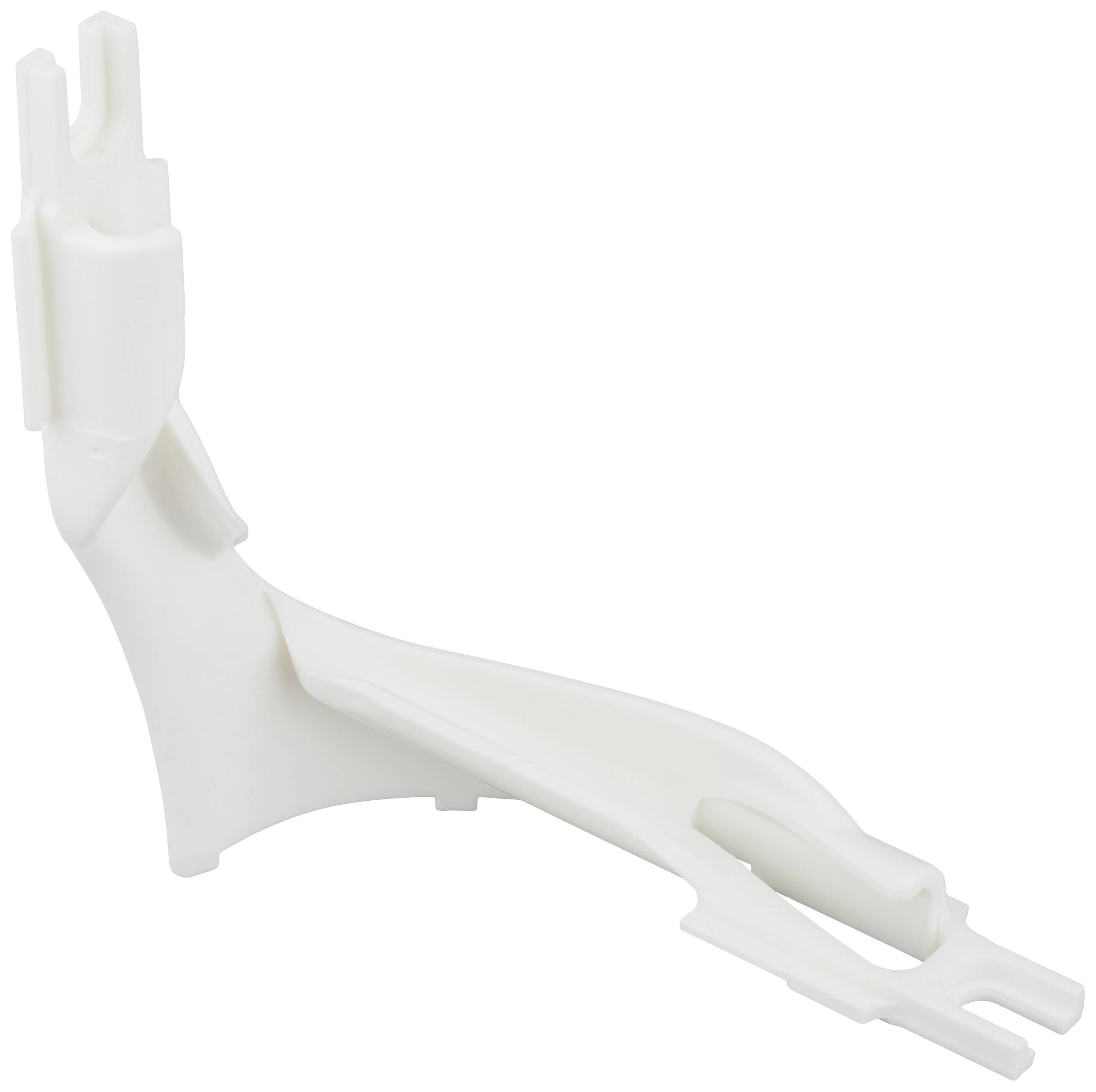 Eine weiße Kunststoff-Halterung mit zwei Öffnungen, vermutlich für die Montage oder Befestigung in technischen Anwendungen.