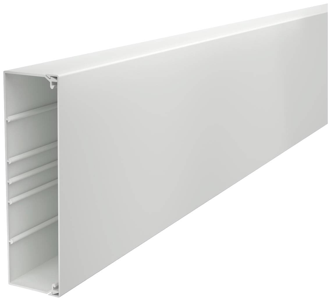 Ein rechteckiger Kabelkanal aus weißem Kunststoff, offen auf einer Seite, zeigt innere Führungsrillen zur Kabelunterbringung.