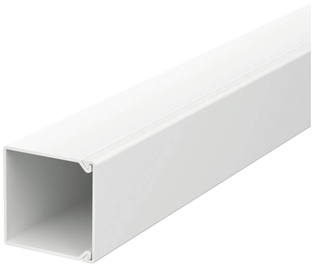 Ein weißer, rechteckiger Kabelkanal aus Kunststoff, der dazu dient, Kabel ordentlich zu verstecken und zu schützen.
