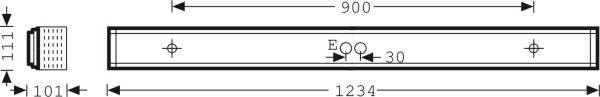 Technische Zeichnung einer rechteckigen Metallplatte mit Maßen: Länge 1234 mm, Breite 111 mm. Bohrungen: Mitte, 30 mm Abstand.