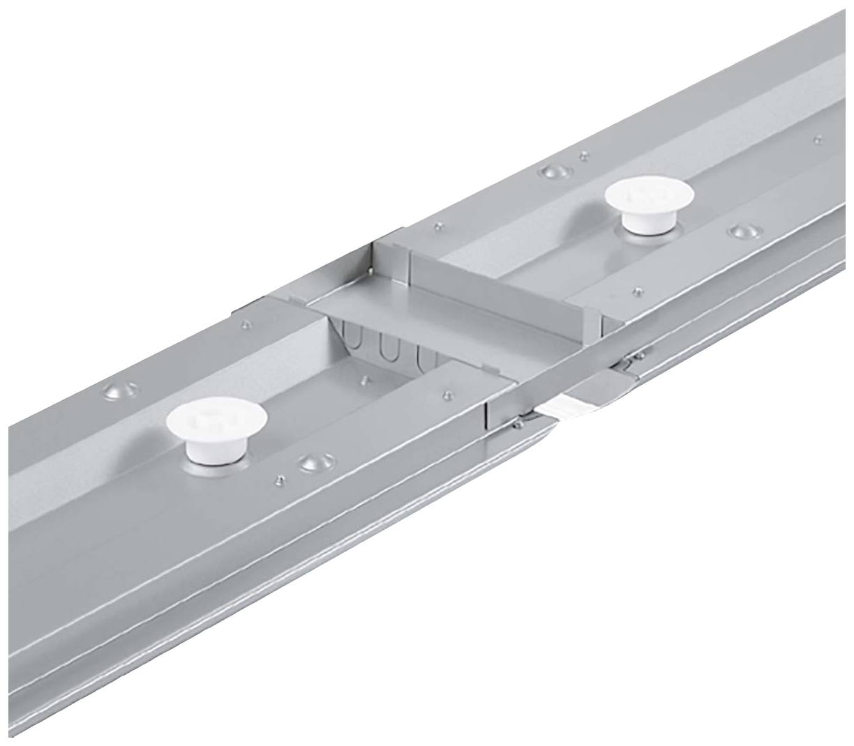 Metallische Schiene mit zwei weißen runden Knöpfen oben, vermutlich Teil eines Befestigungs- oder Montagesystems.