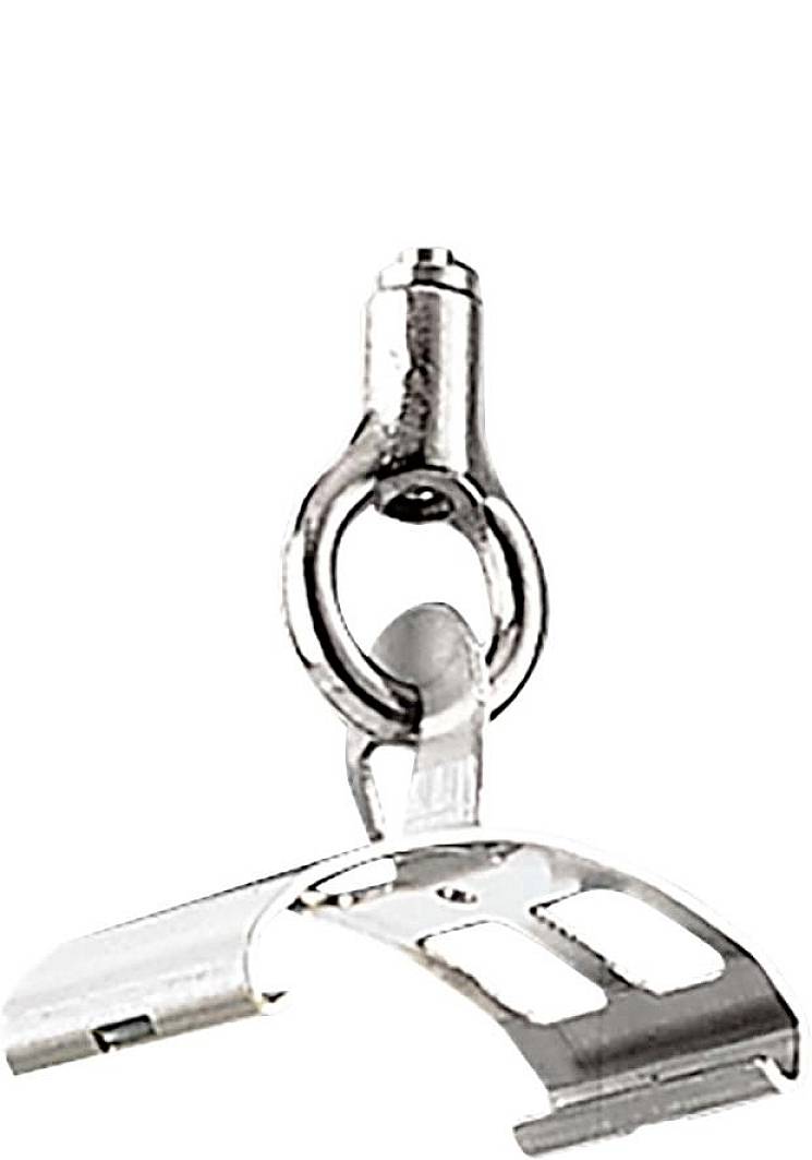 Ein silberfarbener Metallhaken mit einer runden Öse, verbunden mit einem gebogenen Metallstück, möglicherweise Teil einer Aufhängung.