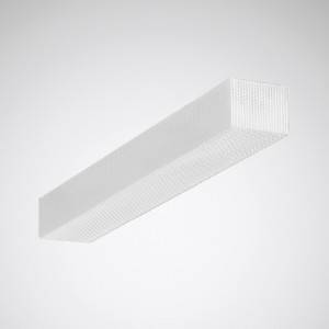 Ein rechteckiges, weißes, modernes Deckenlicht mit einer strukturierten Oberfläche, abgebildet auf grauem Hintergrund.