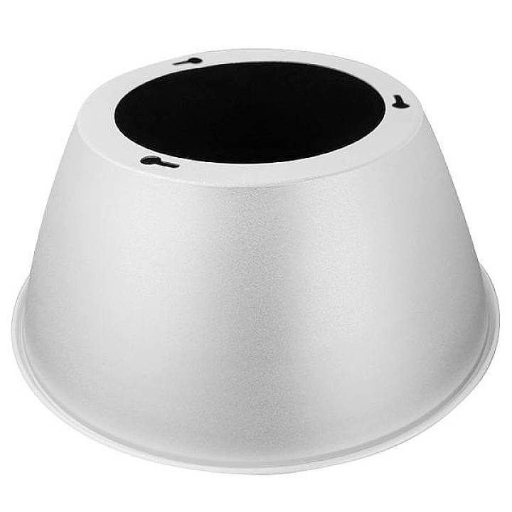 Ein weißer, konischer Lampenschirm aus Metall, geöffnet an beiden Enden, zeigt die Innenseite in Schwarz, dargestellt auf weißem Hintergrund.