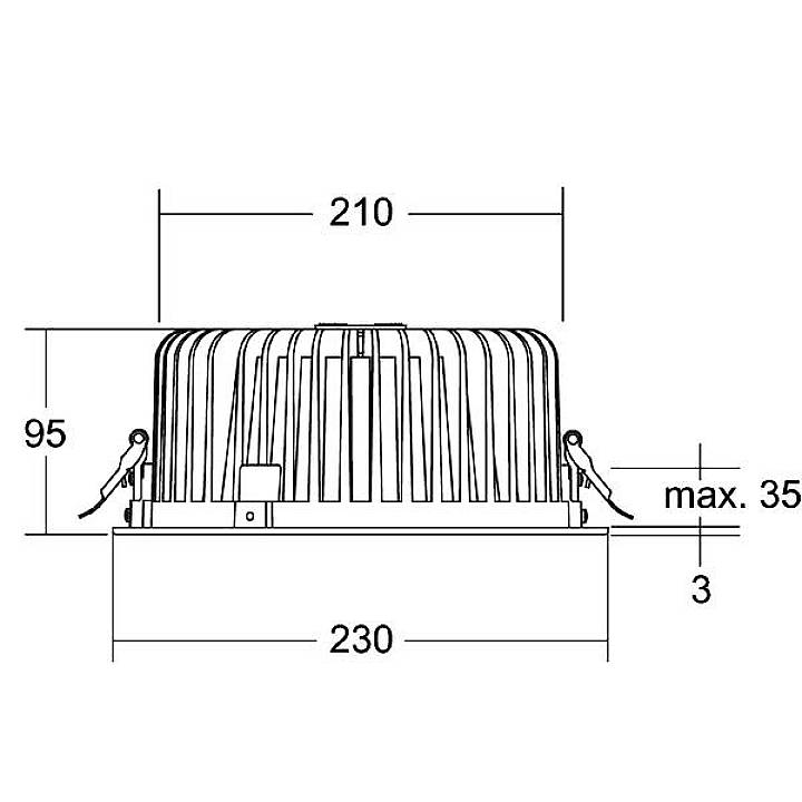 Diagramm eines runden Deckenstrahlers mit Maßen: Durchmesser 230 mm, Innendurchmesser 210 mm, Höhe 95 mm, maximale Einbautiefe 35 mm.