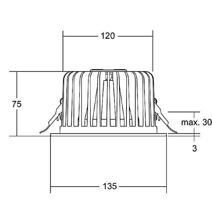 Technische Zeichnung eines runden Deckenstrahlers mit Kreuzschraffur. Maße: Höhe 75mm, Deckenöffnung 120mm, Außendurchmesser 135mm.