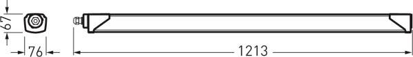 Technische Zeichnung einer länglichen Leuchte. Länge beträgt 1213 mm, Breite 76 mm, Höhe 67 mm. Ansicht von vorne und links.