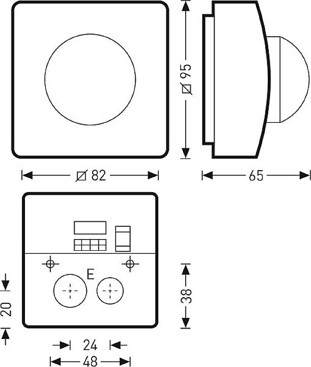 Technische Zeichnung eines elektronischen Gerätes mit Maßen: Breite 82 mm, Höhe 95 mm, Tiefe 65 mm. Zeigt Anschlüsse und Bedienelemente.