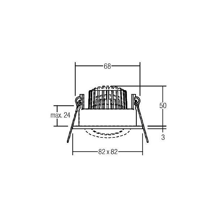 Technische Zeichnung eines quadratischen Einbaustrahlers mit den Maßen 82 x 82 mm, Höhe 50 mm, maximaler Einbautiefe 24 mm.