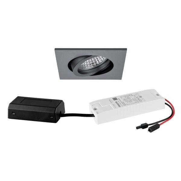 Schwarzer, quadratischer Decken-LED-Spot mit Zubehör, bestehend aus einem weißen und einem schwarzen rechteckigen Gehäuse.
