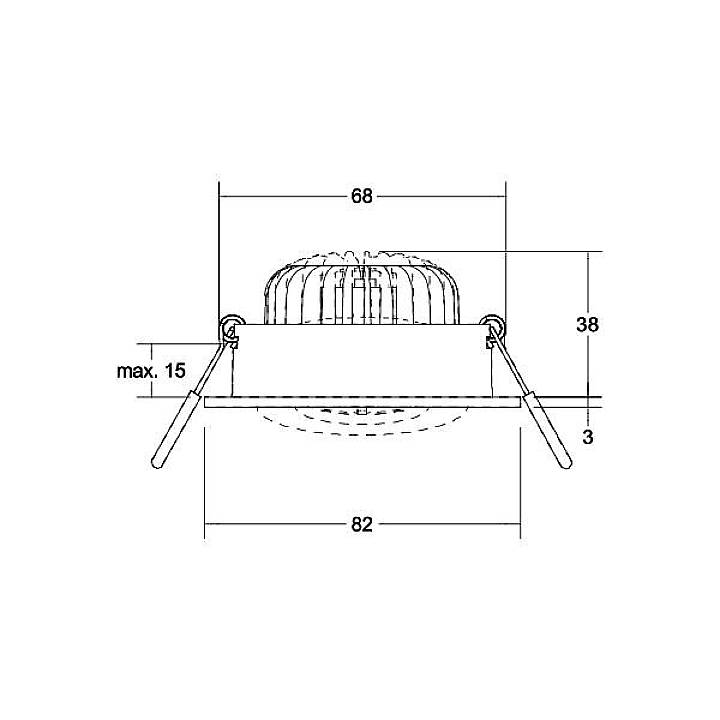 Technische Zeichnung eines Deckeneinbauleuchten, zeigt Abmessungen: Breite 68 mm, Höhe 38 mm, max. Einbautiefe 15 mm, Gesamtdurchmesser 82 mm.