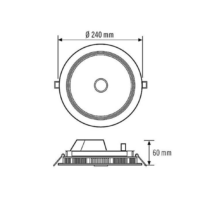 Technische Zeichnung eines runden Deckenstrahlers mit 240 mm Durchmesser und 60 mm Höhe, Seiten- und Vorderansicht.
