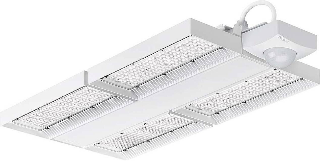 LED-Deckenleuchte mit rechteckigem Design, bestehend aus vier Modulen. Ein Bewegungsmelder ist an einer Seite befestigt.