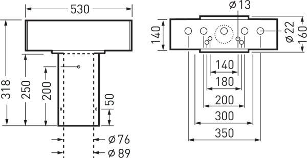 Technische Zeichnung eines Bauteils mit Bemaßungen. Ansicht zeigt Vorder- und Seitenansicht mit detaillierten Maßangaben.