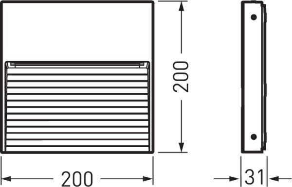 Abmessungsdiagramm einer rechteckigen Wandlampe. Maße: 200 mm x 200 mm mit einer Tiefe von 31 mm. Linien symbolisieren Lamellen.