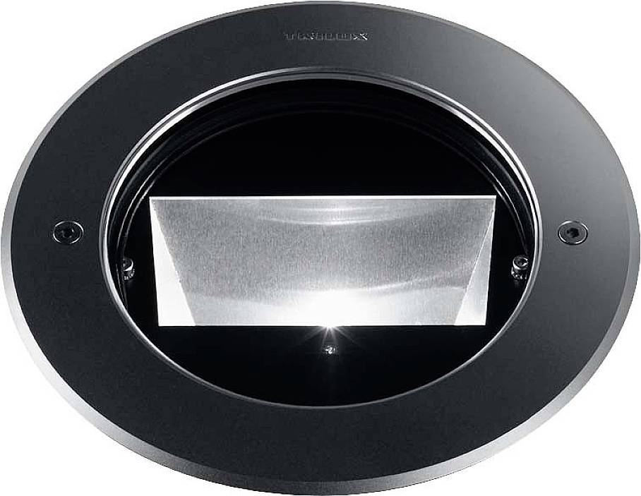 Ein runder Deckenstrahler in Schwarz mit einem rechteckigen Reflektor in der Mitte, der nach unten leuchtet.