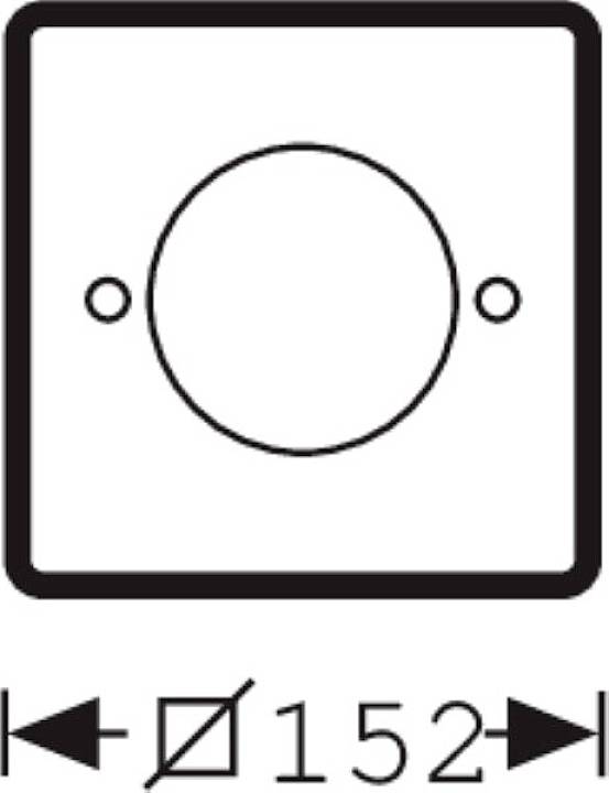 Schaltplan-Symbol: Kreis mit zwei kleinen, seitlichen Kreisen in einem Quadrat. Darunter Maßangabe 'Durchmesser 152'.