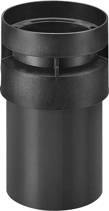 Schwarze, zylindrische Ventilkomponente aus Kunststoff. Oberer Abschnitt hat Rippenstruktur. Möglicherweise Teil eines Belüftungssystems.