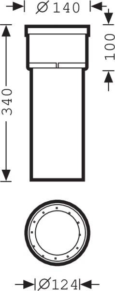 Technische Zeichnung eines zylindrischen Rohrs. Oben: Durchmesser 140 mm, Höhe 100 mm. Unten: Durchmesser 124 mm, Gesamthöhe 340 mm.