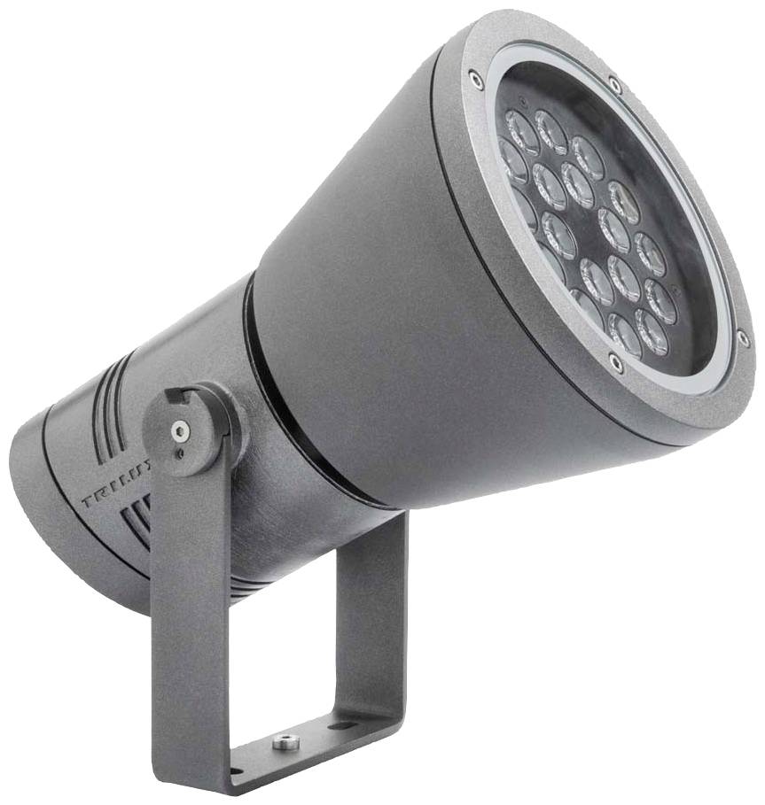 Eine schwarze, moderne Außenleuchte mit mehreren LED-Lampen, montiert auf einem verstellbaren Halter, für die Beleuchtung von Flächen.