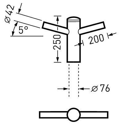 Technische Zeichnung eines Rohrs mit zwei schrägen Abzweigen. Winkel: 5 Grad, Durchmesser: 42 mm und 76 mm, Längen: 200 mm und 250 mm.