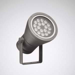 Ein grauer LED-Strahler mit 19 Leuchten, montiert auf einem verstellbaren Ständer, vor einem neutralen Hintergrund.