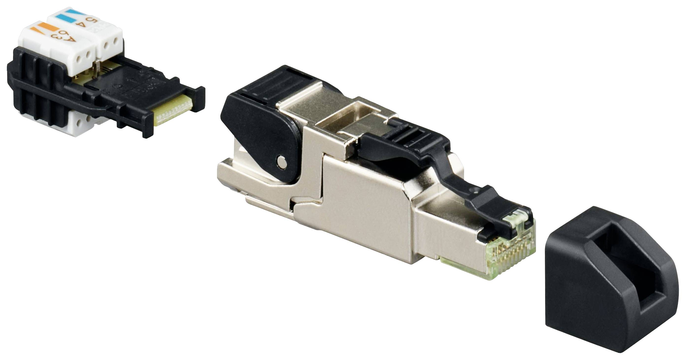 Abgebildet ist ein RJ45-Stecker-Set mit abnehmbarer Abdeckung. Zentral ist der metallische Hauptkörper, links ein Stecker, rechts eine Endabdeckung.