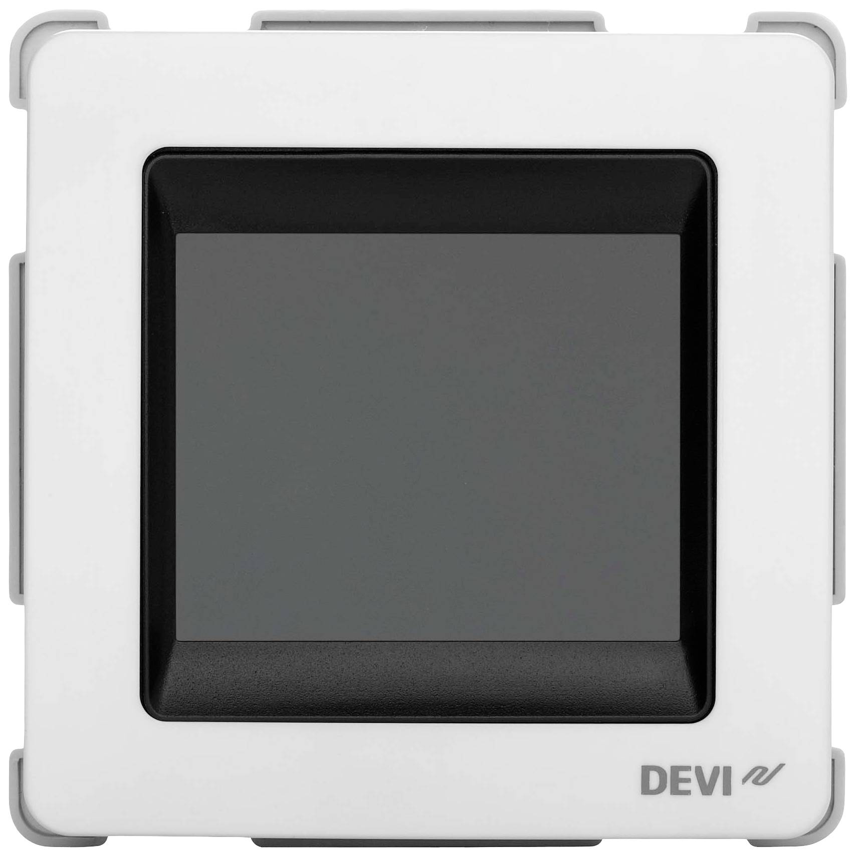 Digitales Thermostat mit dunklem Bildschirm und DEVI-Logo in der unteren rechten Ecke, ohne sichtbare Bedienknöpfe.