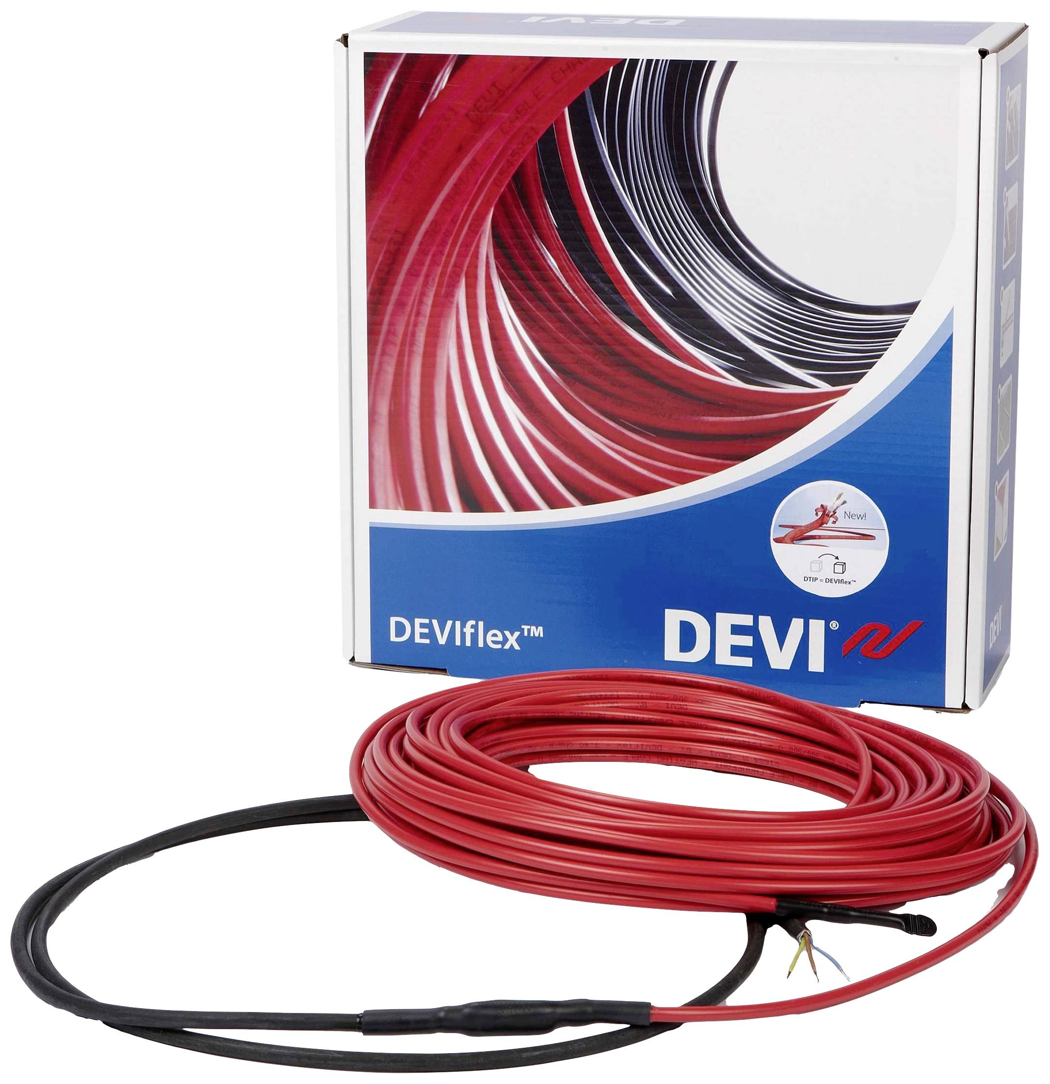 Eine rote Heizkabelrolle mit Verpackung, beschriftet als 'DEVIflex™'. Produkt für elektrische Bodenheizung.