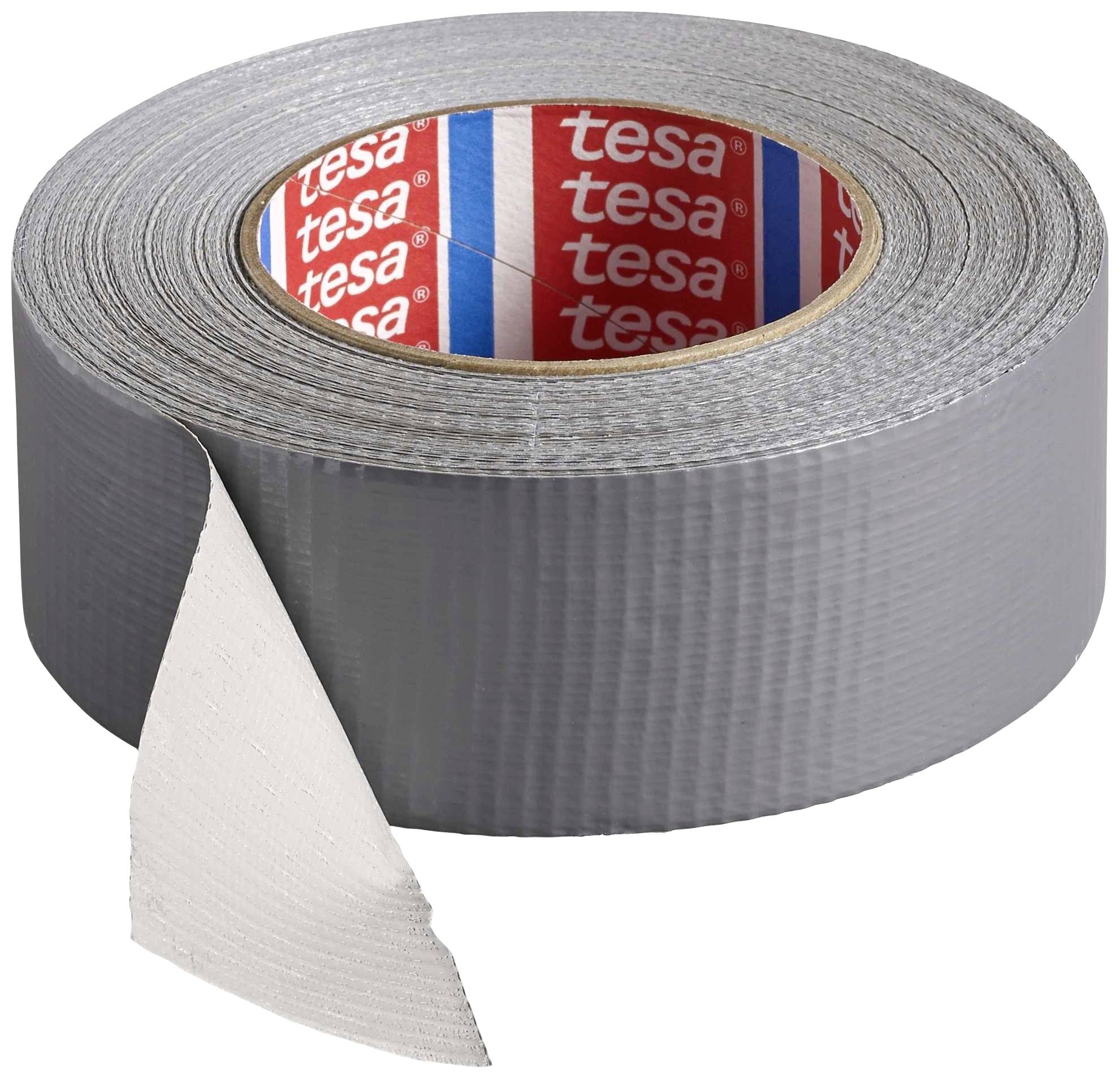 'Graues Klebeband mit einer abgezogenen Ecke, zeigt die klebrige Unterseite. Verpackung zeigt die Marke 'tesa'.'